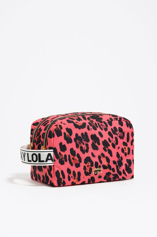 Large electric pink Leopard print nylon make-up case