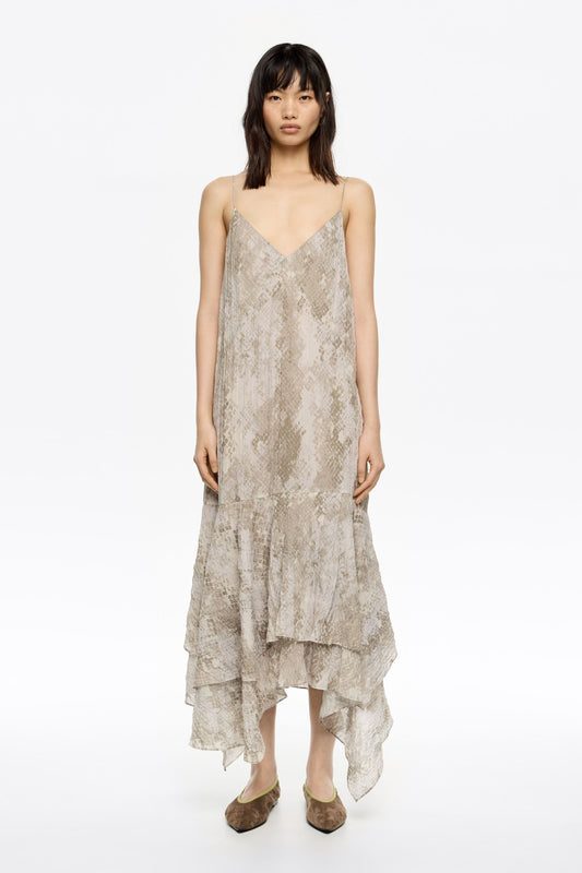 Taupe Snake asymmetric pleated dress